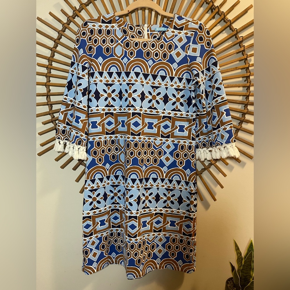 J. McLaughlin Catalina Geometric Print Shift Dress w Fringe Blue Boho Preppy
